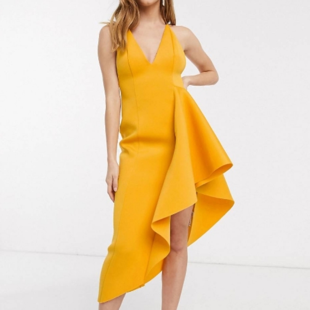 Asos Design Plunge side pep hem midi dress in mustard.